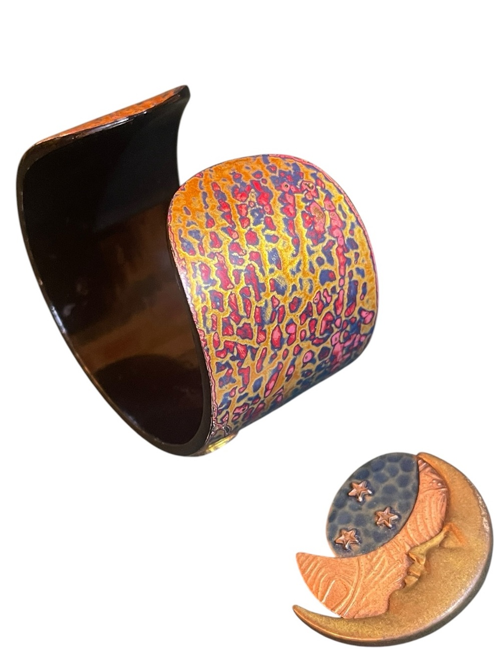 Vintage Artisan Celestial MOP Inlaid Cuff Bracelet & Copper Moon Brooch - Picture 6 of 12